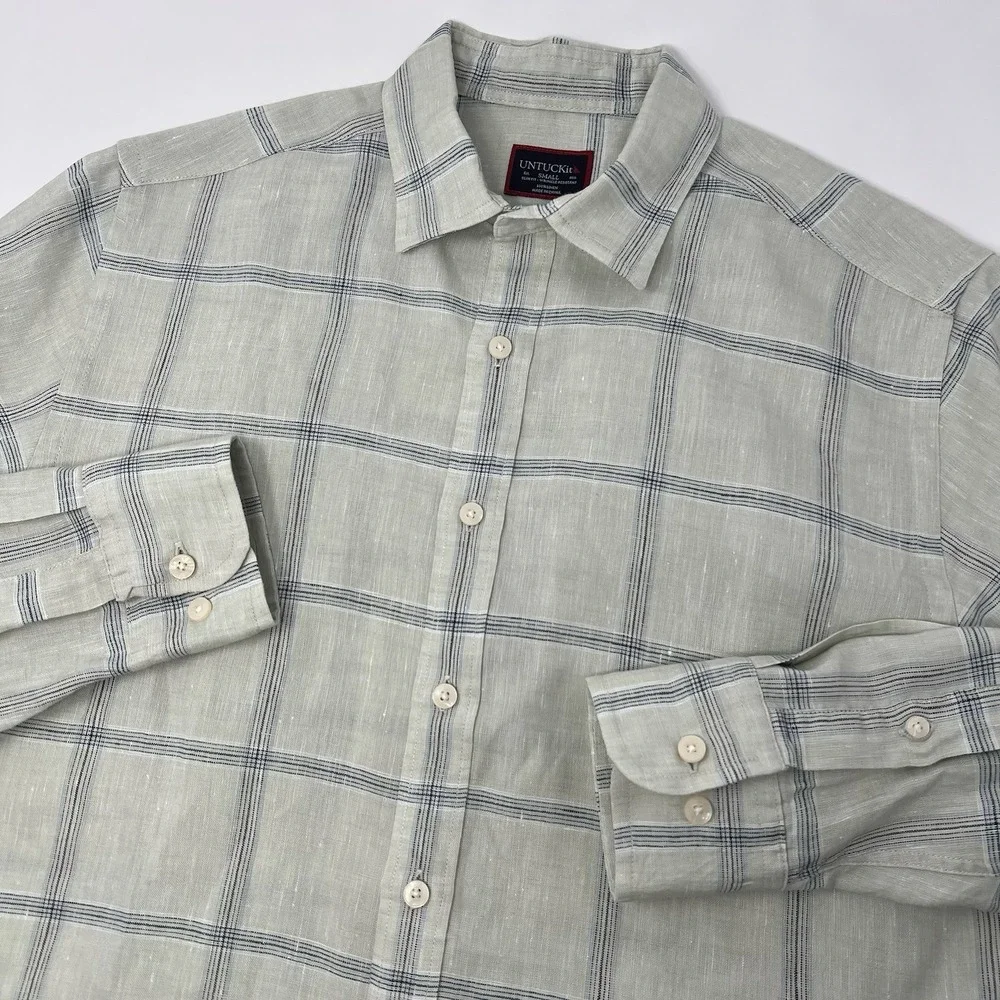 Untuckit Mens Slim S Masaccio WR Linen Cream Navy Plaid Long Sleeve Button Shirt